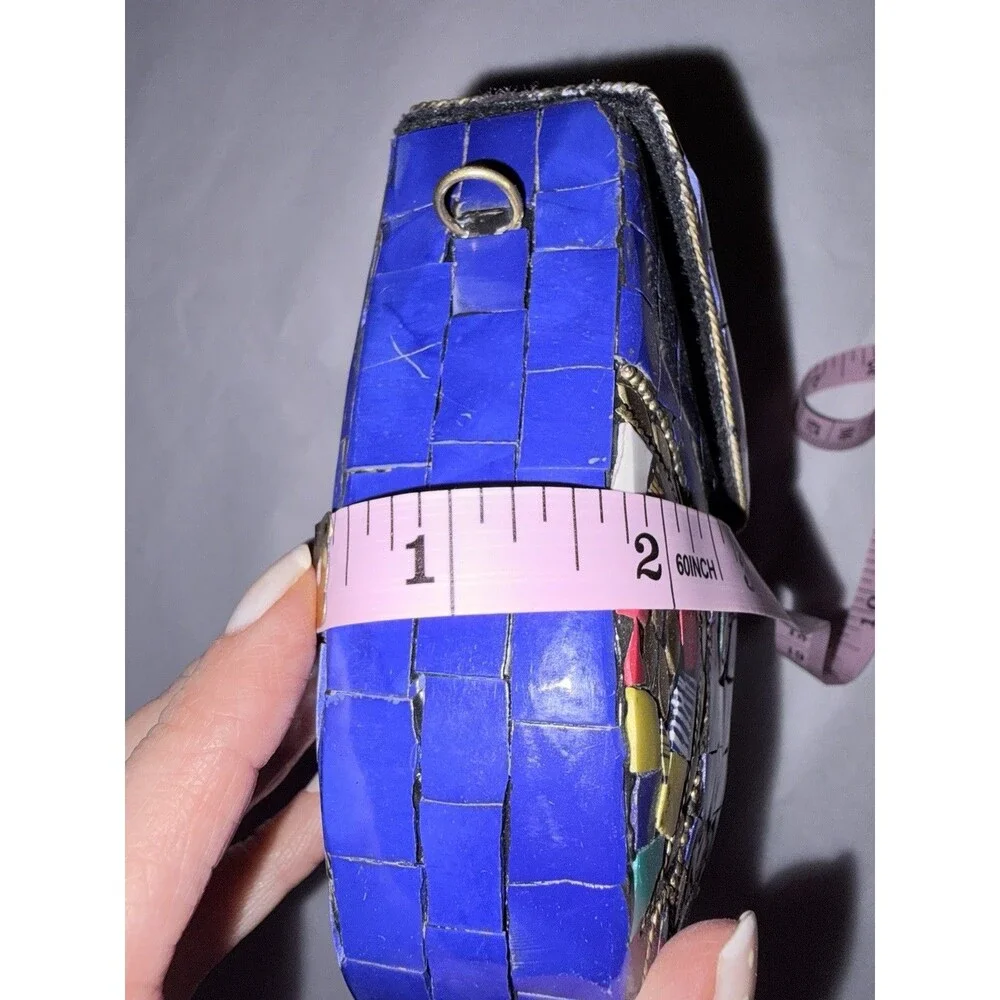 Ramla Stunning Blue Mosaic Clutch Crossbody Bag With Gold Chain B12 - Picture 9 of 9